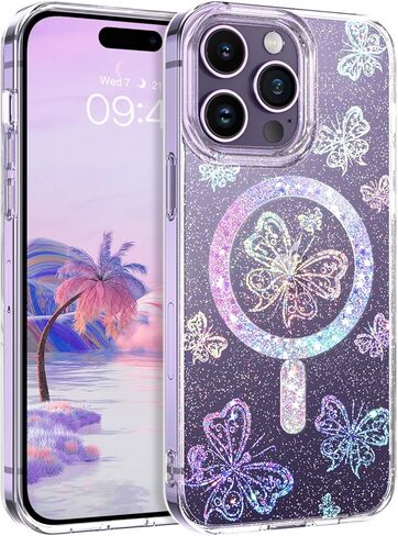 حافظة مغناطيسية GUAGUA لهاتف iPhone 14 Pro متوافقة مع Magsafe Clear Glitter Butterfly رفيعة من مادة TPU الشفافة المقاومة للصدمات لهاتف iPhone 14 Pro 6.1 بوصة، فراشة خيالية in Kuwait