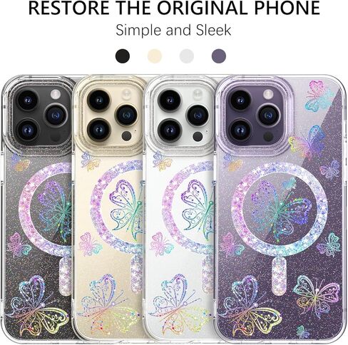 حافظة مغناطيسية GUAGUA لهاتف iPhone 14 Pro متوافقة مع Magsafe Clear Glitter Butterfly رفيعة من مادة TPU الشفافة المقاومة للصدمات لهاتف iPhone 14 Pro 6.1 بوصة، فراشة خيالية in Kuwait