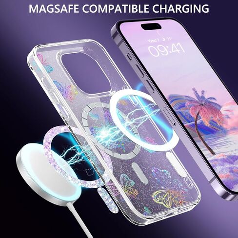 حافظة مغناطيسية GUAGUA لهاتف iPhone 14 Pro متوافقة مع Magsafe Clear Glitter Butterfly رفيعة من مادة TPU الشفافة المقاومة للصدمات لهاتف iPhone 14 Pro 6.1 بوصة، فراشة خيالية in Kuwait