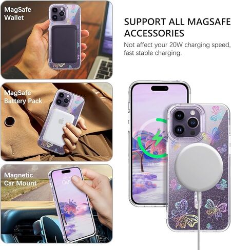 حافظة مغناطيسية GUAGUA لهاتف iPhone 14 Pro متوافقة مع Magsafe Clear Glitter Butterfly رفيعة من مادة TPU الشفافة المقاومة للصدمات لهاتف iPhone 14 Pro 6.1 بوصة، فراشة خيالية in Kuwait