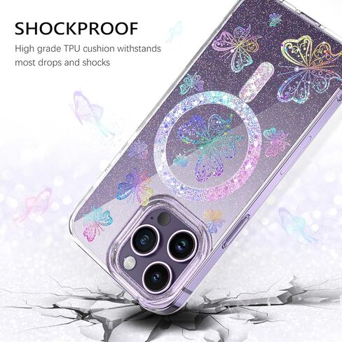 حافظة مغناطيسية GUAGUA لهاتف iPhone 14 Pro متوافقة مع Magsafe Clear Glitter Butterfly رفيعة من مادة TPU الشفافة المقاومة للصدمات لهاتف iPhone 14 Pro 6.1 بوصة، فراشة خيالية in Kuwait