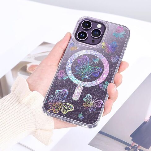 حافظة مغناطيسية GUAGUA لهاتف iPhone 14 Pro متوافقة مع Magsafe Clear Glitter Butterfly رفيعة من مادة TPU الشفافة المقاومة للصدمات لهاتف iPhone 14 Pro 6.1 بوصة، فراشة خيالية in Kuwait