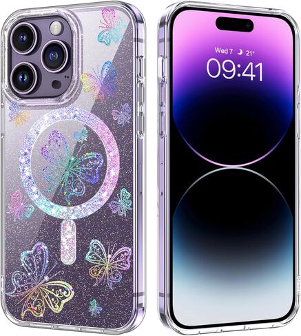 حافظة مغناطيسية GUAGUA لهاتف iPhone 14 Pro متوافقة مع Magsafe Clear Glitter Butterfly رفيعة من مادة TPU الشفافة المقاومة للصدمات لهاتف iPhone 14 Pro 6.1 بوصة، فراشة خيالية in Kuwait