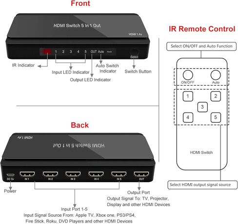 محول HDMI 5x1 HDMI 5 في 1 مخرج HDMI مخرج 5 منافذ مع جهاز تحكم عن بعد يعمل بالأشعة تحت الحمراء HDMI 1.4 HDCP 1.4 يدعم 4KX2K 3D الترا اتش دي دي in Kuwait