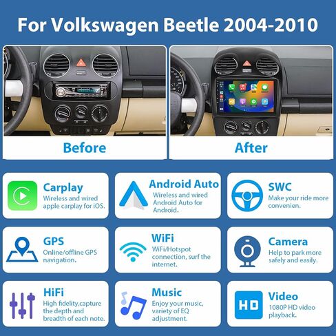 Android 11 Car Stereo with Wireless Carplay Android Auto for Volkswagen Beetle 2004-2010, 9 Inch Touchscreen Car Radio with Bluetooth GPS Navigation HiFi SWC Backup Camera in Saudi Arabia