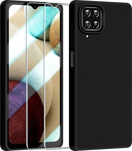 Dssairo 【3 in 1 for Samsung Galaxy A12 case, with 2 Pack Screen Protector, Camera Protection，Liquid Silicone Slim Shockproof Protective Phone Case [Microfiber Lining] (Black) in Saudi Arabia
