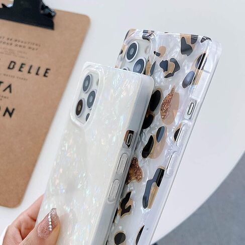 KERZZIL Luxury Mother Shell Pearl Leopard Pattern for iPhone 13 Pro 6.1-inch Rectangle Edge Case, Cute Bling Giltter Sparkle Golden Powder for Women Girls, Slim Soft TPU Cases Cover(Black) in Kuwait