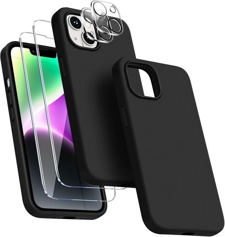 [5 in 1 for iPhone 13 Case 6.1 inch, with 2 Pack Screen Protector + 2 Pack Camera Lens Protector, Liquid Silicone Slim Shockproof Protective Phone Case (Black)…… in Kuwait