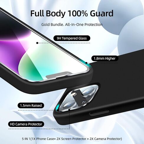 [5 in 1 for iPhone 13 Case 6.1 inch, with 2 Pack Screen Protector + 2 Pack Camera Lens Protector, Liquid Silicone Slim Shockproof Protective Phone Case (Black)…… in Kuwait