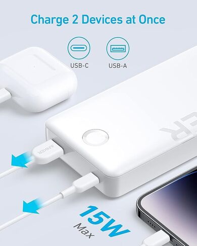 Anker Portable Charger, 20,000mAh Power Bank, Battery Pack with 2-Port, 15W High-Speed Charging for iPhone 15/15 Plus/15 Pro/15 Pro Max, 14/13/12 Series, Samsung Galaxy, and More (Black) in Saudi Arabia