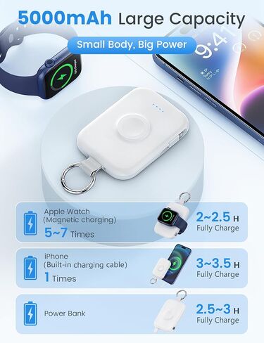 RORRY Portable Apple Watch Charger,5000mAh iWatch Wireless Charger Power Bank with Built-in Cable,Travel Keychain Charger for Apple Watch 9/Ultra2/8/Ultra/7/6/Se/5/4/3,iPhone 15/14/13/12/11 (Black) in Saudi Arabia