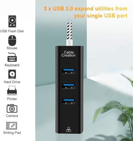 الحزمة - عنصران: محول إيثرنت USB 3.0 ذو 3 منافذ + كابل USB 3.0 إلى VGA بطول 6 أقدام in Saudi Arabia