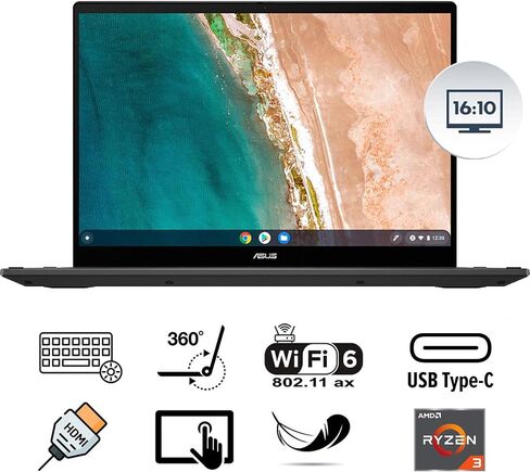 كمبيوتر محمول ASUS Chromebook Touchscreen Flip 2in1 - 14 بوصة WUXGA 1920x1200 - جهاز Google Chromebook اللوحي - لوحة مفاتيح بإضاءة خلفية - AMD Ryzen 3-7320C - Wi-Fi 6 - USB C - HDMI (ذاكرة وصول عشوائي سعتها 8 جيجابايت | SSD سعة 128 جيجابايت + بطاقة SD سعة in Saudi Arabia