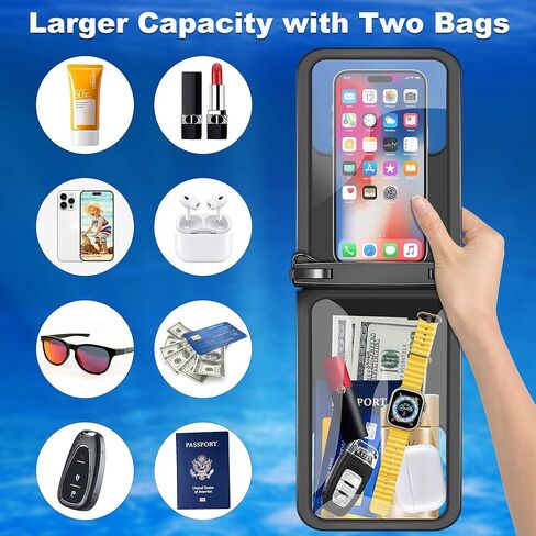 حقيبة هاتف مقاومة للماء من تاكيو، حقيبة هاتف مزدوجة مقاومة للماء ذات مساحة كبيرة وواقي تحت الماء، حقيبة جافة مع حبل حول الجسم يناسب هاتف خلوي يصل إلى 9.8 بوصة لقضاء عطلة على الشاطئ والسباحة، عبوة من قطعتين in Kuwait