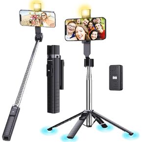 Fugetek 40'' Quadrapod Lighted Selfie Stick Stand, Lightweight 7oz, Wireless Bluetooth Remote, Patented Ultra Stable 4 Legs, 3 Onboard Light Modes, Compatible with iPhone & Android (Black)