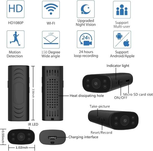 كاميرات مراقبة مخفية HUOMU Mini كاميرا تجسس 1080P HD لاسلكية واي فاي عرض عن بعد كاميرات مراقبة منزلية صغيرة مسجل فيديو داخلي وخارجي كشف الحركة الذكي in Kuwait