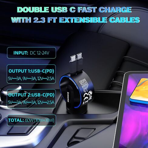 60W USB C Car Charger, Car Power Adapter with Two 30W USB-C Output Cables for Samsung, Pixel, Other Android and Laptops in Saudi Arabia