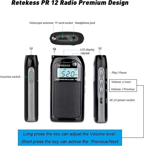 Retekess PR12 Portable Pocket Radio AM FM, Small Personal Radio, Digital AM FM Radio with Headphone Socket, Micro SD, Clear Display for Walking (White) in Saudi Arabia