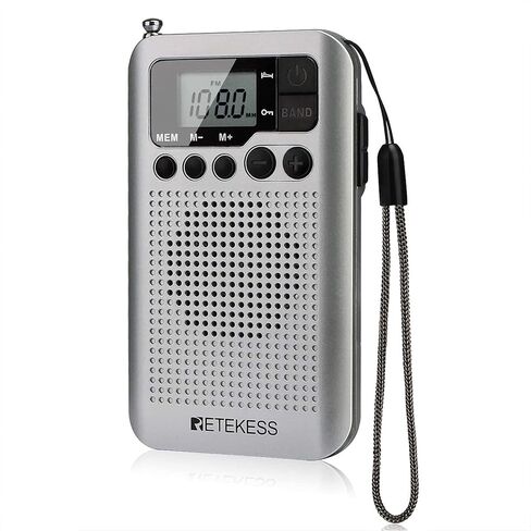 سماعات رأس لاسلكية محمولة TR106 من ريتيكيس، راديو جيب AM FM، راديو بطارية AAA رقمية، ساعة دعم، مؤقت للنوم وستيريو إف إم للمشي وصالة الألعاب الرياضية (فضي) in Saudi Arabia