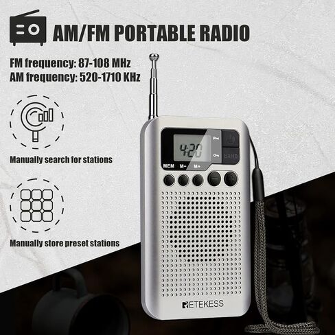 سماعات رأس لاسلكية محمولة TR106 من ريتيكيس، راديو جيب AM FM، راديو بطارية AAA رقمية، ساعة دعم، مؤقت للنوم وستيريو إف إم للمشي وصالة الألعاب الرياضية (فضي) in Saudi Arabia