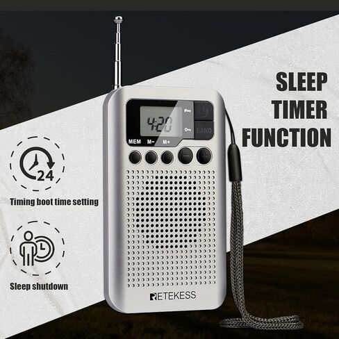 سماعات رأس لاسلكية محمولة TR106 من ريتيكيس، راديو جيب AM FM، راديو بطارية AAA رقمية، ساعة دعم، مؤقت للنوم وستيريو إف إم للمشي وصالة الألعاب الرياضية (فضي) in Saudi Arabia