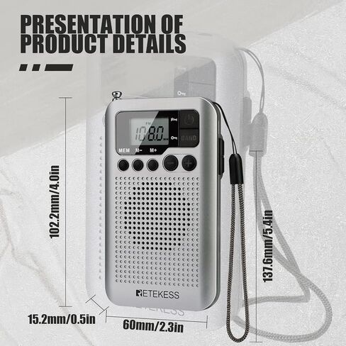 سماعات رأس لاسلكية محمولة TR106 من ريتيكيس، راديو جيب AM FM، راديو بطارية AAA رقمية، ساعة دعم، مؤقت للنوم وستيريو إف إم للمشي وصالة الألعاب الرياضية (فضي) in Saudi Arabia