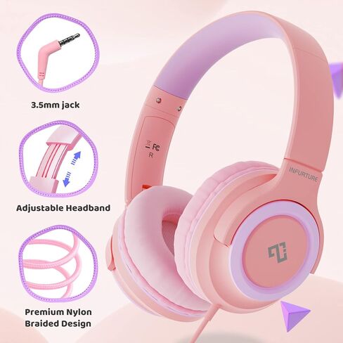 INFURTURE Kids Headphone for School with Microphone, Pink Wired Headphones in Kuwait