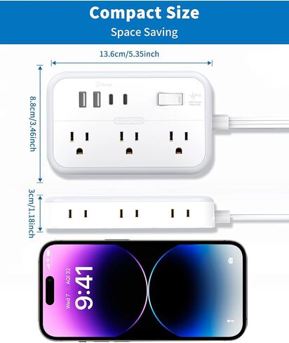 Extension Cord 15 ft, Power Strip with 6 Outlets 4 USB Charger(2 USB C Port), Flat Plug Outlet Extender Long Cord, Protection for Indoor, Home, Office Supplies, Dorm Room Essentials in Kuwait