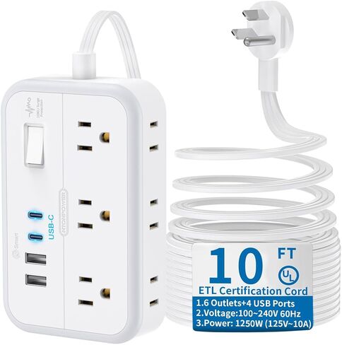 Extension Cord 15 ft, Power Strip with 6 Outlets 4 USB Charger(2 USB C Port), Flat Plug Outlet Extender Long Cord, Protection for Indoor, Home, Office Supplies, Dorm Room Essentials in Kuwait