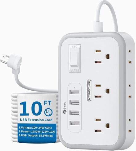 Extension Cord 15 ft, Power Strip with 6 Outlets 4 USB Charger(2 USB C Port), Flat Plug Outlet Extender Long Cord, Protection for Indoor, Home, Office Supplies, Dorm Room Essentials in Kuwait