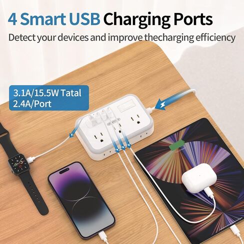 Extension Cord 15 ft, Power Strip with 6 Outlets 4 USB Charger(2 USB C Port), Flat Plug Outlet Extender Long Cord, Protection for Indoor, Home, Office Supplies, Dorm Room Essentials in Kuwait