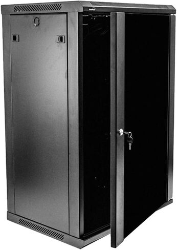 Navepoint 18U Deluxe IT حاوية خزانة مثبتة على الحائط مقاس 19 بوصة رف شبكة الخادم مع قفل باب زجاجي مقاس 16 بوصة باللون الأسود العميق مع أرفف in Saudi Arabia