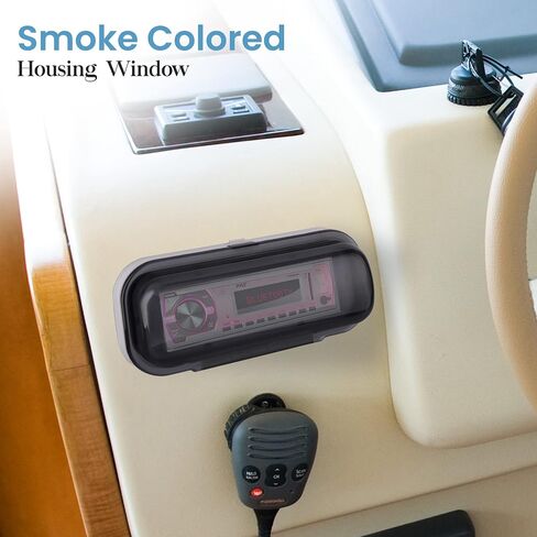 Pyle Water Resistant Marine Stereo Cover - Smoke Colored Heavy Duty Boat Radio Protector Shield with Flip-up Door & Spring Loaded Release - Mounting Gasket Included - PLMRCW1 in Kuwait