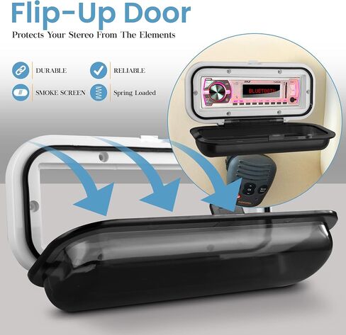 Pyle Water Resistant Marine Stereo Cover - Smoke Colored Heavy Duty Boat Radio Protector Shield with Flip-up Door & Spring Loaded Release - Mounting Gasket Included - PLMRCW1 in Kuwait
