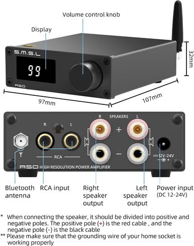 مضخم صوت ستيريو S.M.S.L A50، جهاز استقبال AMP بقدرة 100 وات × 2 Mini Hi-Fi وقناتين فئة D، TPA3116*2 Bluetooth 5.0 Bass وTreble 2.0 CH لمكبرات الصوت المنزلية مع جهاز التحكم عن بعد in Kuwait