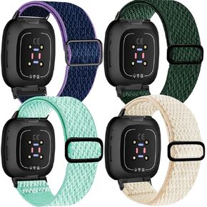 4 Pack Elastic Bands Compatible with Fitbit Sense and Fitbit Versa 3 Bands Women Men, Soft Adjustable Stretchy Nylon Strap for Fitbit Sense & Fitbit Versa 3