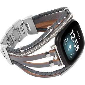 Posh Leather Bands Compatible with Fitbit Versa 3/Fitbit Sense, Women Boho Stylish Multilayer Wrap Bracelets Wristband, Handmade Adjustable Jewelry Strap for Sense/Versa 3 Smart Watch