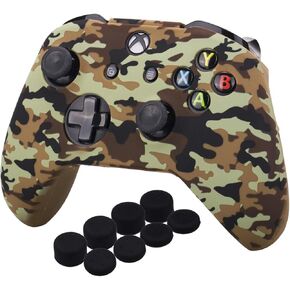 YoRHa Water Transfer Printing Camouflage Silicone Cover Skin Case for Microsoft Xbox One X & Xbox One S Controller x 1(Grey) with PRO Thumb Grips x 8
