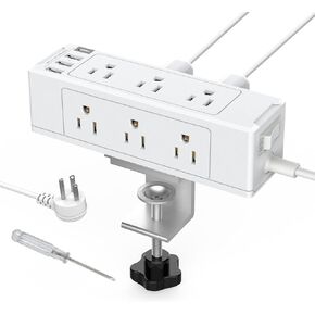 Desk Clamp Power Strip with USB Port, Desk Outlet 1700 Joules Surge Protector Power Strip, Desk Edge Mount Outlets with 9 Outlets and 4 USB Ports, Removable Clamp Power Strip, 6 FT Flat Plug
