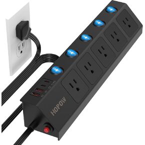 شريط طاقة بقابس مسطح من HOPOW مع مفاتيح فردية، سلك تمديد مسطح رفيع للغاية بطول 10 أقدام، واقي من 5 منافذ مع 2 USB-C (20W PD) و2 USB-A، 1700 جول، حامل على الحائط للمكتب المنزلي، أبيض