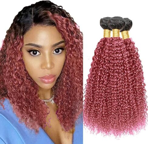 Brazilian Pink Kinky Curly Bundles Ombre Curly Human Hair Bundles 2 Tone Black and Pink Bundles 18 20 22 Inch Real Virgin Pink Curly Bundle Human Hair Weaves Remy Human Hair Extensions in Saudi Arabia