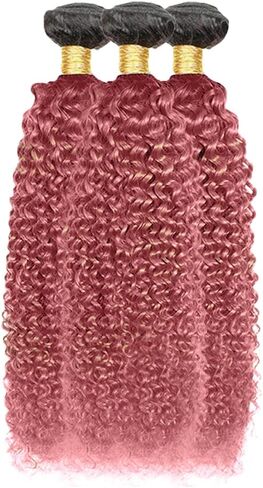 Brazilian Pink Kinky Curly Bundles Ombre Curly Human Hair Bundles 2 Tone Black and Pink Bundles 18 20 22 Inch Real Virgin Pink Curly Bundle Human Hair Weaves Remy Human Hair Extensions in Saudi Arabia