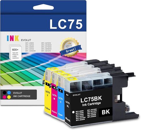 خرطوشة حبر LC75 عالية الإنتاجية (4 عبوات، 1BK/1C/1M/1Y) - متوافقة مع Eout LC75BK LC75C LC75M LC75Y استبدال خرطوشة الحبر لطابعة Brother LC75 MFC-J280W MFC-J425W MFC-J430w MFC-J435W in Saudi Arabia