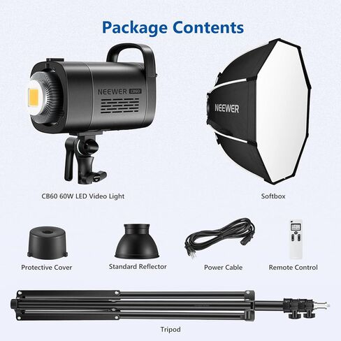 NEEWER CB60 60W 2.4G LED Video Light Kit, 5600K COB Daylight Continuous Output Lighting with Remote/Bowens Mount/Softbox/Light Stand, 6500Lux/1m CRI97+ for Studio/Outdoor Photography Video Recording in Kuwait