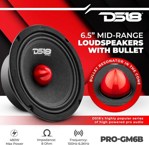 DS18 PRO-GM6.4B Loudspeaker - 6.5", Midrange, Red Aluminum Bullet, 480W Max, 140W RMS, 4 Ohms - Premium Quality Audio Door Speakers for Car or Truck Stereo Sound System (1 Speaker) in Kuwait
