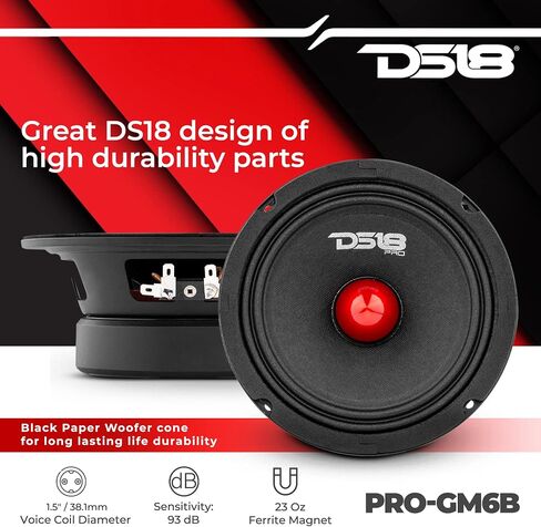 DS18 PRO-GM6.4B Loudspeaker - 6.5", Midrange, Red Aluminum Bullet, 480W Max, 140W RMS, 4 Ohms - Premium Quality Audio Door Speakers for Car or Truck Stereo Sound System (1 Speaker) in Kuwait