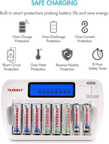 مجموعة بطاريات وشاحن Tenergy، TN162 8-Bay Smart LCD AA/AAA NiMH/NiCd شاحن + 8xAA و8xAAA Premium NiMH بطاريات قابلة للشحن... in Kuwait