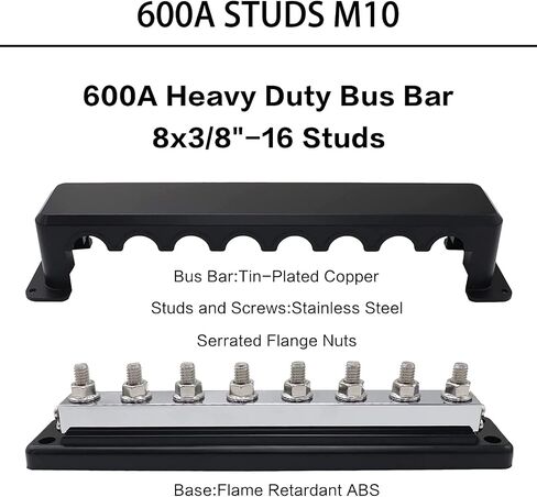 600A Bus Bar Heavy Duty Power Distribution Block 48V DC Busbar Box with 8 x M10(3/8") Terminal Studs for Battery Marine Automotive RV Car Truck (Black & Red) in Kuwait