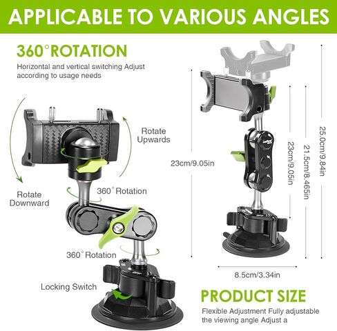 Suction Cup Phone Mount 360 Rotating Universal Ball Head Arm for Car Dashboard Windshield Vehicle Sunroof (Black) in Saudi Arabia