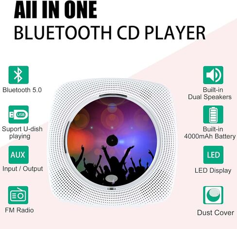 مشغل أقراص مضغوطة محمول مع مكبرات صوت ستيريو مزدوجة، مشغل أقراص مضغوطة بلوتوث لسطح المكتب للمنزل مع شاشة LED يدعم CD/Bluetooth/راديو FM/USB/AUX/مؤقت in Kuwait